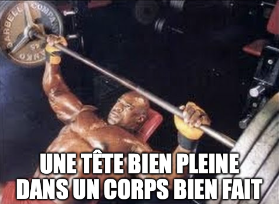 Homme muscl&eacute; soulevant une halt&egrave;re avec comme l&eacute;gende "Une t&ecirc;te bien pleine dans un corps bien fait"