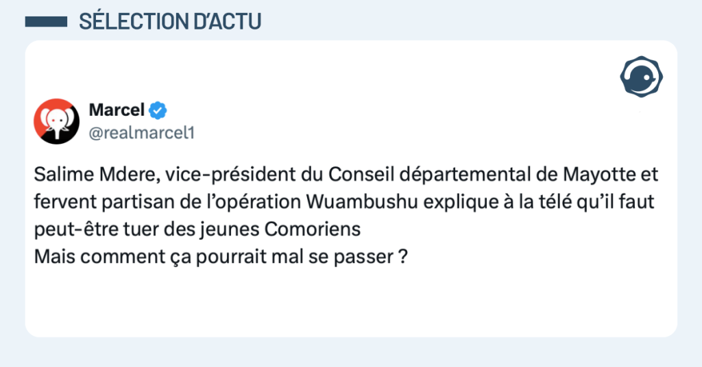 Post vignette de @realmarcel1 disant "Salime Mdere, vice-président du Conseil départemental de Mayotte et fervent partisan de l’opération Wuambushu explique à la télé qu’il faut peut-être tuer des jeunes Comoriens Mais comment ça pourrait mal se passer ?"