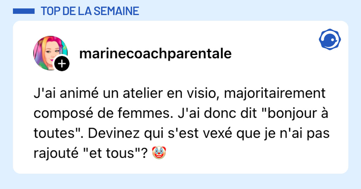 Post de @marinecoachparentale : "J'ai animé un atelier en visio, majoritairement composé de femmes. J'ai donc dit "bonjour à toutes". Devinez qui s'est vexé que je n'ai pas rajouté "et tous"? 🤡"