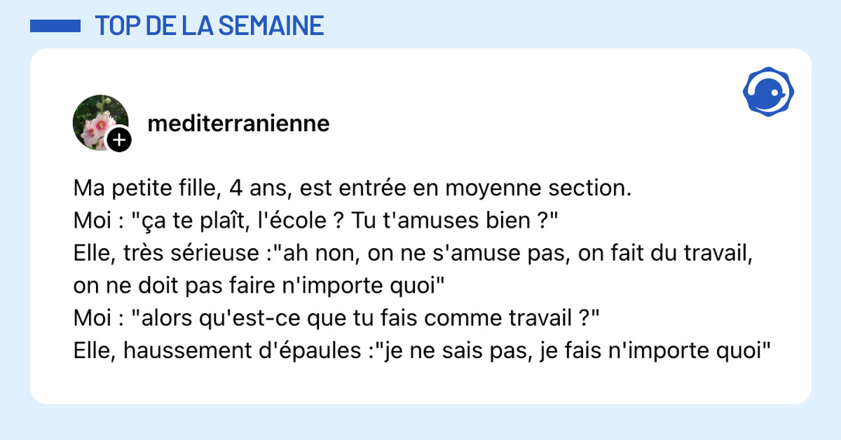 Post de @mediterranienne : "Ma petite fille, 4 ans, est entrée en moyenne section. Moi : "ça te plaît, l'école ? Tu t'amuses bien ?" Elle, très sérieuse :"ah non, on ne s'amuse pas, on fait du travail, on ne doit pas faire n'importe quoi" Moi : "alors qu'est-ce que tu fais comme travail ?" Elle, haussement d'épaules :"je ne sais pas, je fais n'importe quoi""