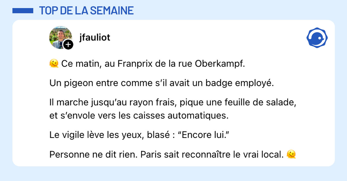 Post de @JFauliot : "🫠 Ce matin, au Franprix de la rue Oberkampf. Un pigeon entre comme s’il avait un badge employé. Il marche jusqu’au rayon frais, pique une feuille de salade, et s’envole vers les caisses automatiques. Le vigile lève les yeux, blasé : “Encore lui.” Personne ne dit rien. Paris sait reconnaître le vrai local. 🫠 "