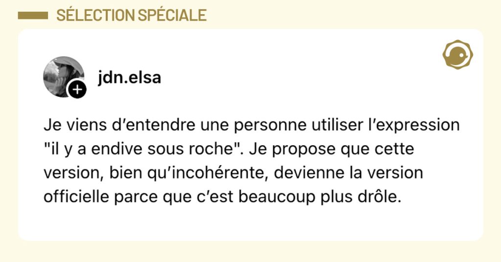 Post de @jdn.elsa : "Je viens d’entendre une personne utiliser l’expression "il y a endive sous roche". Je propose que cette version, bien qu’incohérente, devienne la version officielle parce que c’est beaucoup plus drôle."