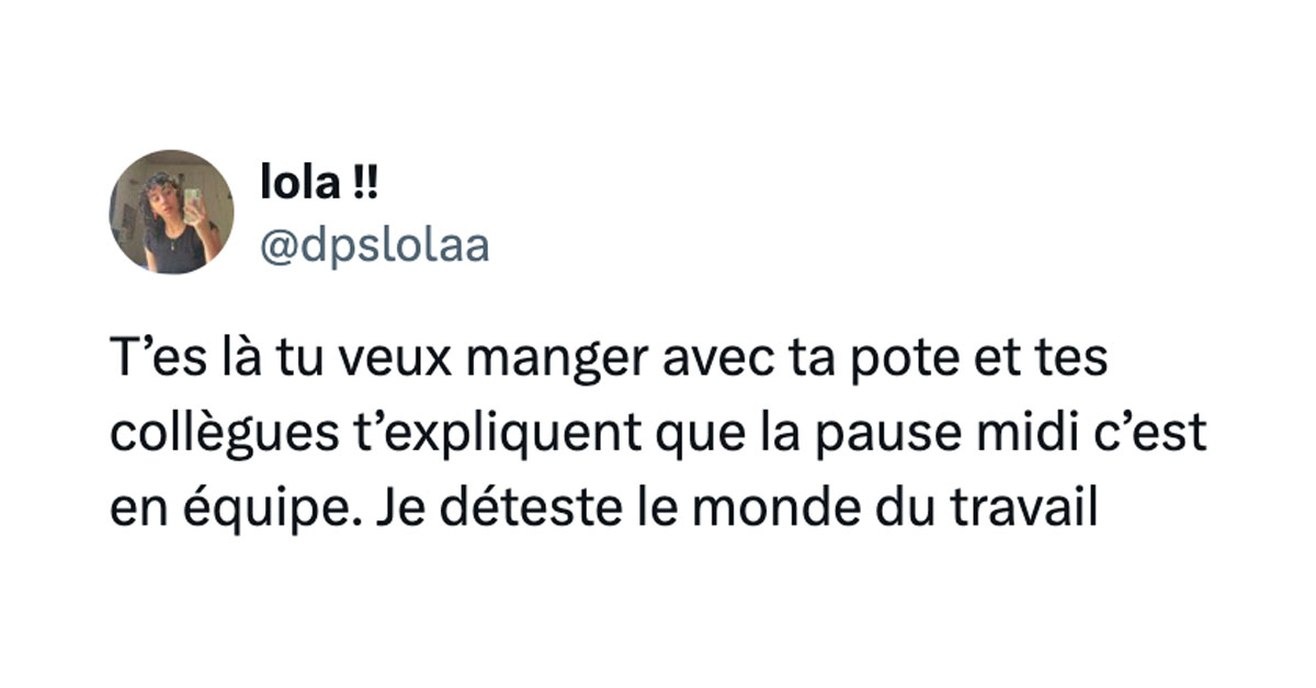 Tweet de @dpslolaa : "T’es là tu veux manger avec ta pote et tes collègues t’expliquent que la pause midi c’est en équipe. Je déteste le monde du travail"