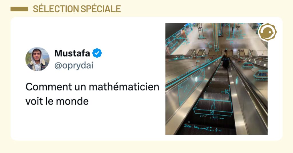 Tweet de @oprydai qui dit "Comment un mathématicien voit le monde" avec une photo d'un centre commercial sur lequel ont été dessinées des figures géométriques.