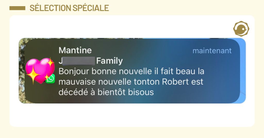 Screen d'un SMS qui dit "Bonjour bonne nouvelle il fait beau la mauvaise nouvelle tonton Robert est décédé à bientôt bisous"