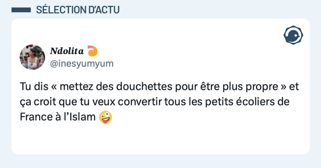 Post vignette de @inesyumyum disant "u dis « mettez des douchettes pour être plus propre » et ça croit que tu veux convertir tous les petits écoliers de France à l’Islam"