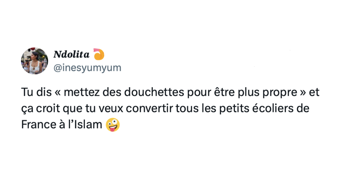 Post de @inesyumyum disant "u dis « mettez des douchettes pour être plus propre » et ça croit que tu veux convertir tous les petits écoliers de France à l’Islam"