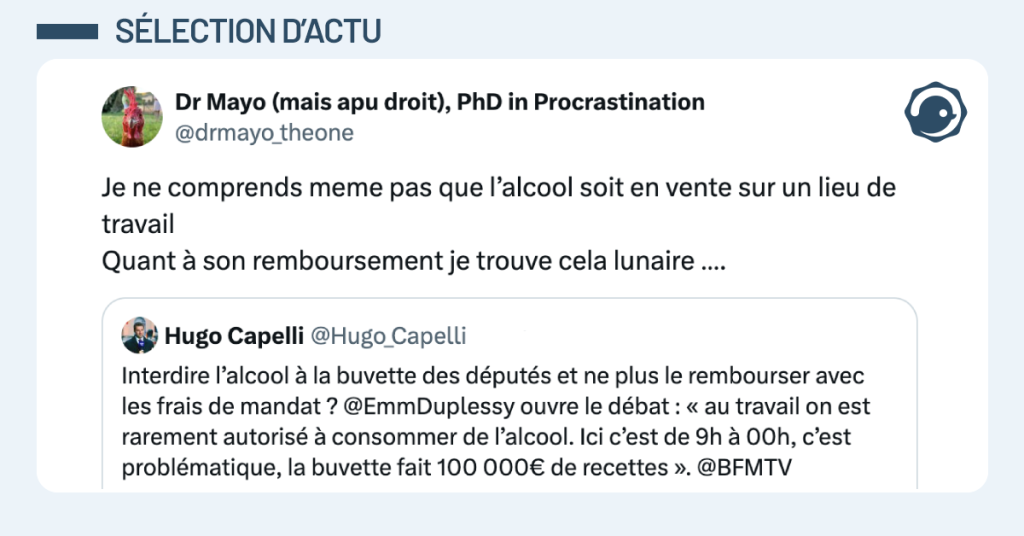 Post vignette de @drmayo_theone disant "Je ne comprends meme pas que l’alcool soit en vente sur un lieu de travail Quant à son remboursement je trouve cela lunaire …."