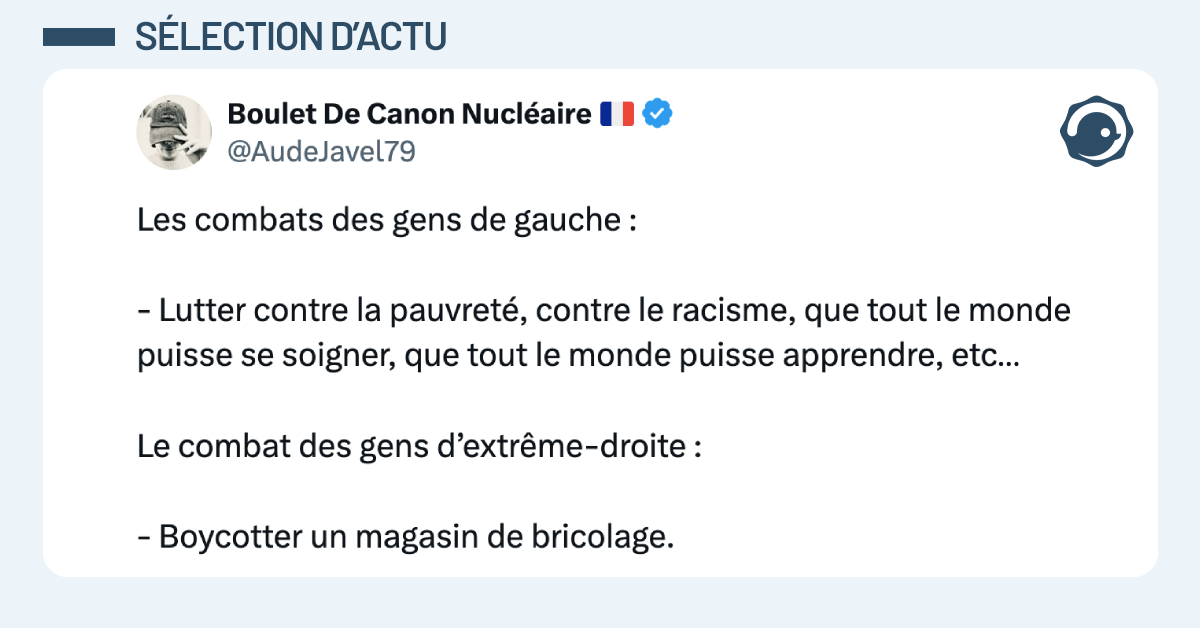 Post vignette de @AudeJavel79 disant "Les combats des gens de gauche : - Lutter contre la pauvreté, contre le racisme, que tout le monde puisse se soigner, que tout le monde puisse apprendre, etc… Le combat des gens d’extrême-droite : - Boycotter un magasin de bricolage. "