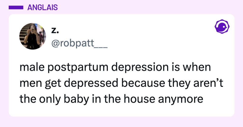 Tweet de @robpatt___ : "male postpartum depression is when men get depressed because they aren’t the only baby in the house anymore"