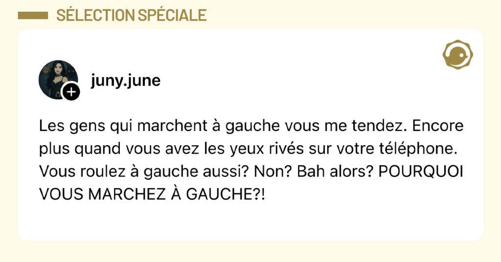 Post de @juny.june : "Les gens qui marchent à gauche vous me tendez. Encore plus quand vous avez les yeux rivés sur votre téléphone. Vous roulez à gauche aussi? Non? Bah alors? POURQUOI VOUS MARCHEZ À GAUCHE?!"