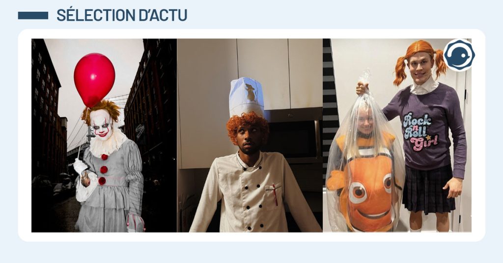 Trois photos de personnes d&eacute;guis&eacute;es pour Halloween, la premi&egrave;re en Pennywise, le m&eacute;chant clown du film "&Ccedil;a", la seconde en Alfredo, le commis de cuisine du film "Ratatouille", et la derni&egrave;re en Nemo et Darla, du film "Le Monde de Nemo".