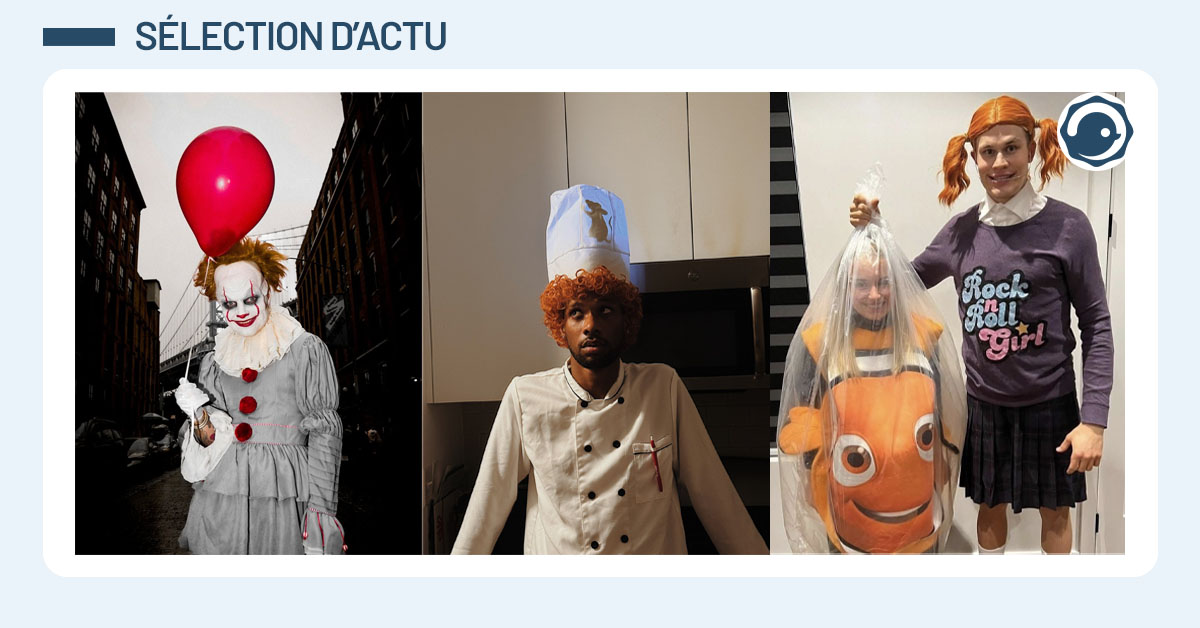 Trois photos de personnes déguisées pour Halloween, la première en Pennywise, le méchant clown du film "Ça", la seconde en Alfredo, le commis de cuisine du film "Ratatouille", et la dernière en Nemo et Darla, du film "Le Monde de Nemo".