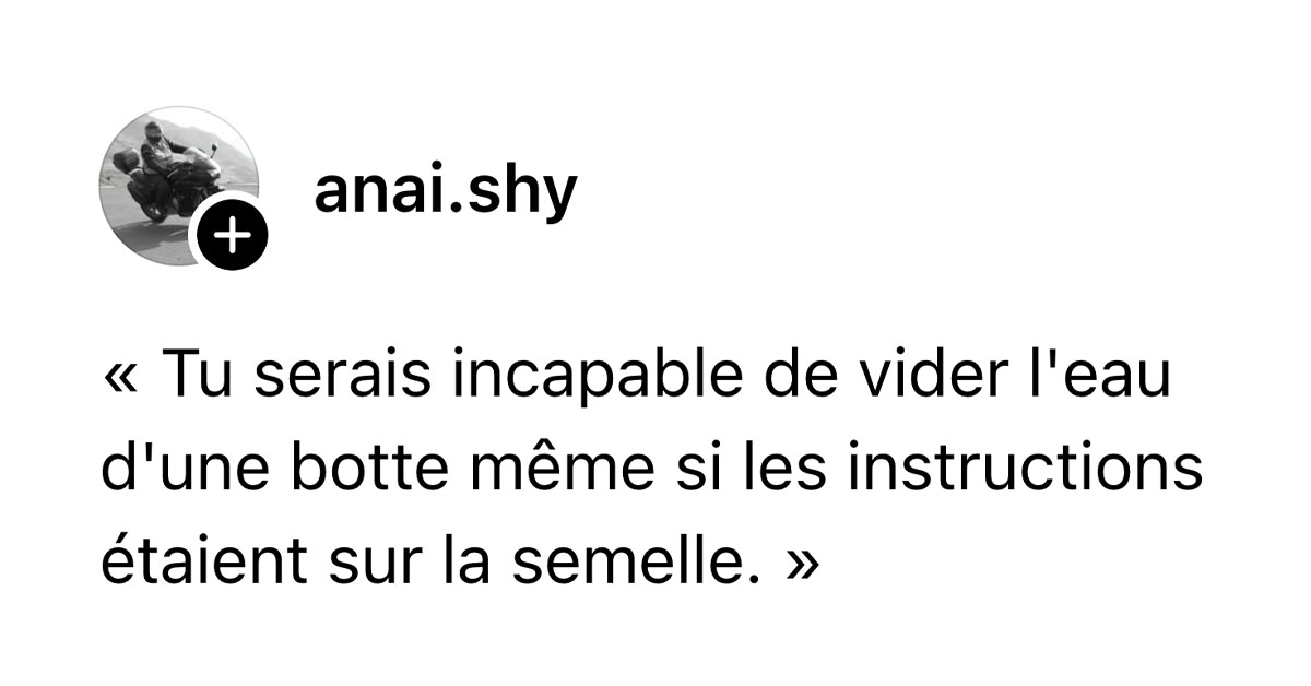 Post de @anai.shy : "« Tu serais incapable de vider l'eau d'une botte même si les instructions étaient sur la semelle. »"