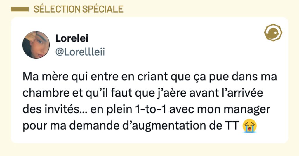 Tweet de @lorellleii : "Ma mère qui entre en criant que ça pue dans ma chambre et qu’il faut que j’aère avant l’arrivée des invités… en plein 1-to-1 avec mon manager pour ma demande d’augmentation de TT 😭"