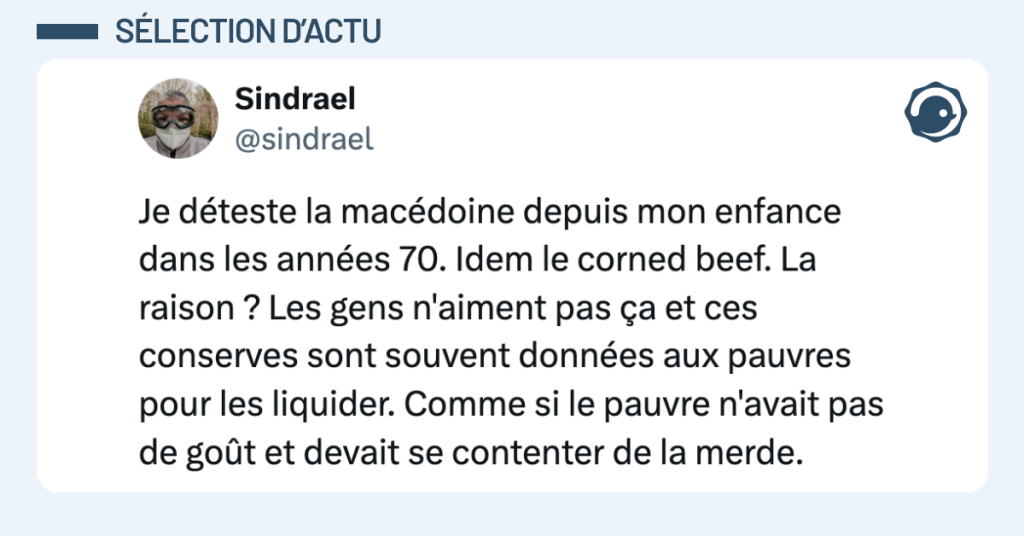 Post vignette de @sindrael disant "Je déteste la macédoine depuis mon enfance dans les années 70. Idem le corned beef. La raison ? Les gens n'aiment pas ça et ces conserves sont souvent données aux pauvres pour les liquider. Comme si le pauvre n'avait pas de goût et devait se contenter de la merde."
