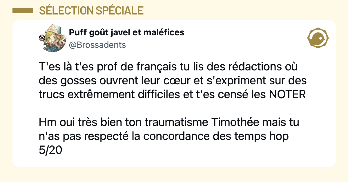 @Brossadents T'es l&agrave; t'es prof de fran&ccedil;ais tu lis des r&eacute;dactions o&ugrave; des gosses ouvrent leur c&oelig;ur et s'expriment sur des trucs extr&ecirc;mement difficiles et t'es cens&eacute; les NOTER Hm oui tr&egrave;s bien ton traumatisme Timoth&eacute;e mais tu n'as pas respect&eacute; la concordance des temps hop 5/20