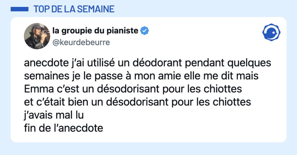 @appelezmoimoon anecdote j’ai utilisé un déodorant pendant quelques semaines je le passe à mon amie elle me dit mais Emma c’est un désodorisant pour les chiottes et c’était bien un désodorisant pour les chiottes j’avais mal lu fin de l’anecdote