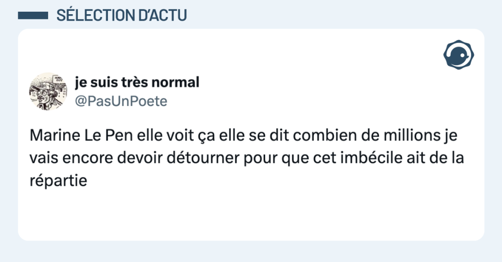 Post vignette de @PasUnPoete disant "Marine Le Pen elle voit ça elle se dit combien de millions je vais encore devoir détourner pour que cet imbécile ait de la répartie"