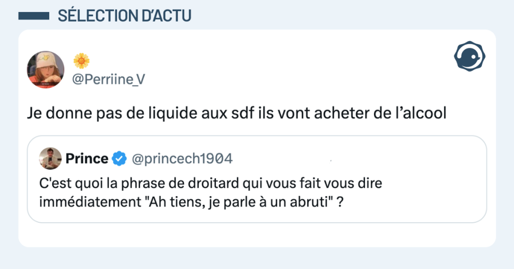 Post vignette de @princech1904 disant "C'est quoi la phrase de droitard qui vous fait vous dire immédiatement "Ah tiens, je parle à un abruti" ?". Post de @Perriine_V répondant "Je donne pas de liquide aux sdf ils vont acheter de l’alcool"