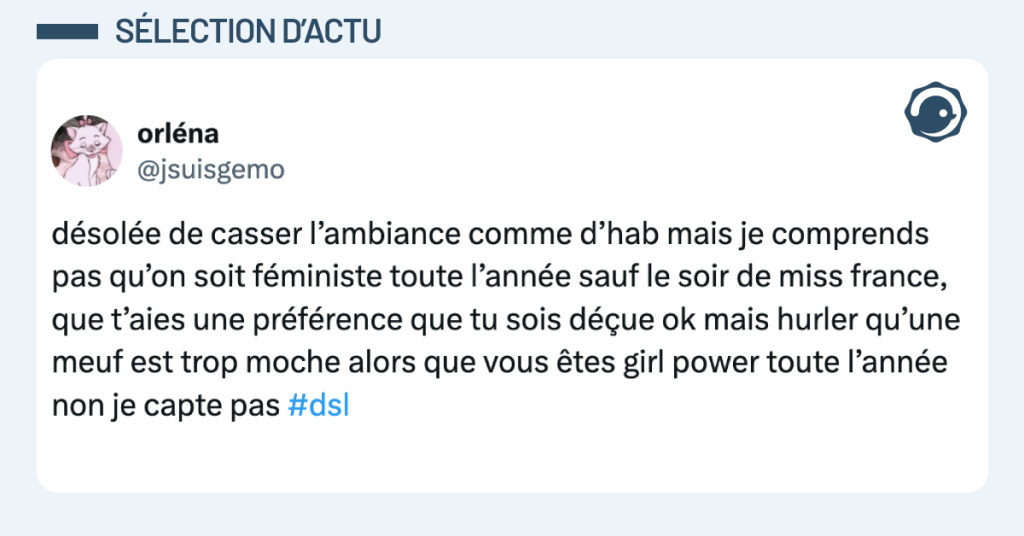 Post vignette de @jsuisgemo disant "désolée de casser l’ambiance comme d’hab mais je comprends pas qu’on soit féministe toute l’année sauf le soir de miss france, que t’aies une préférence que tu sois déçue ok mais hurler qu’une meuf est trop moche alors que vous êtes girl power toute l’année non je capte pas"