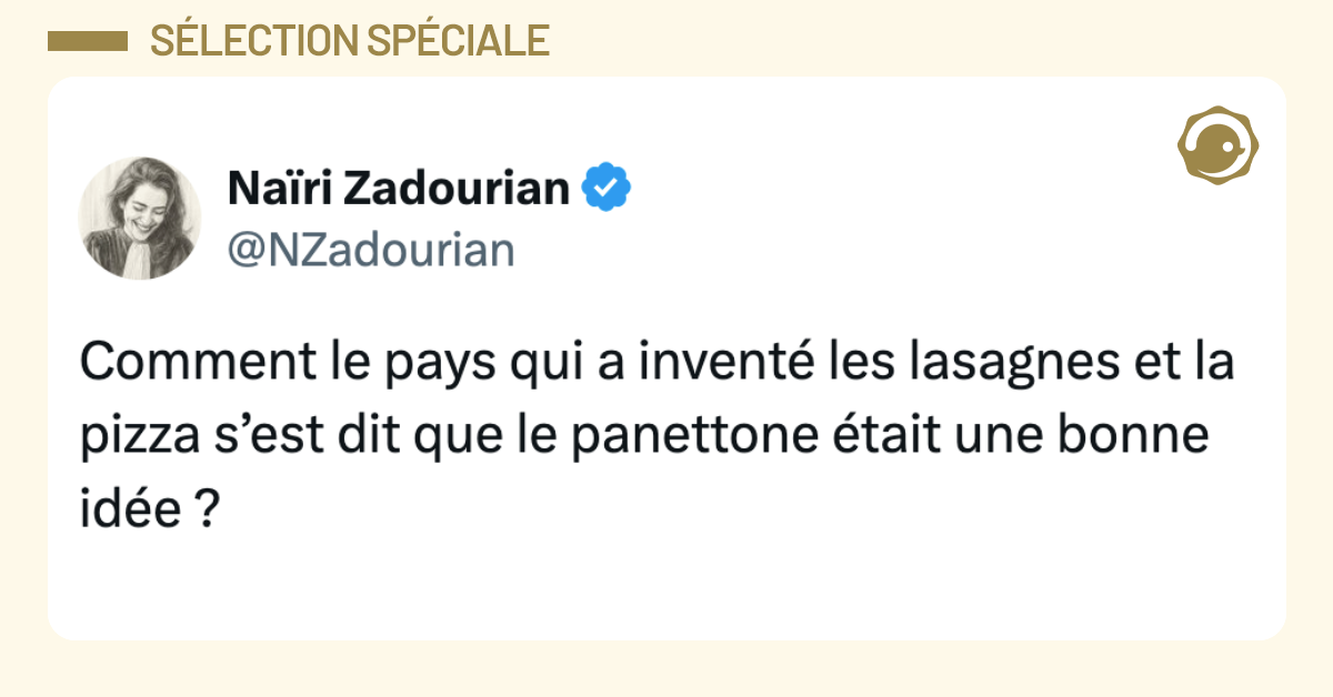 Post vignette de @NZadourian disant "Comment le pays qui a invent&eacute; les lasagnes et la pizza s&rsquo;est dit que le panettone &eacute;tait une bonne id&eacute;e ?"