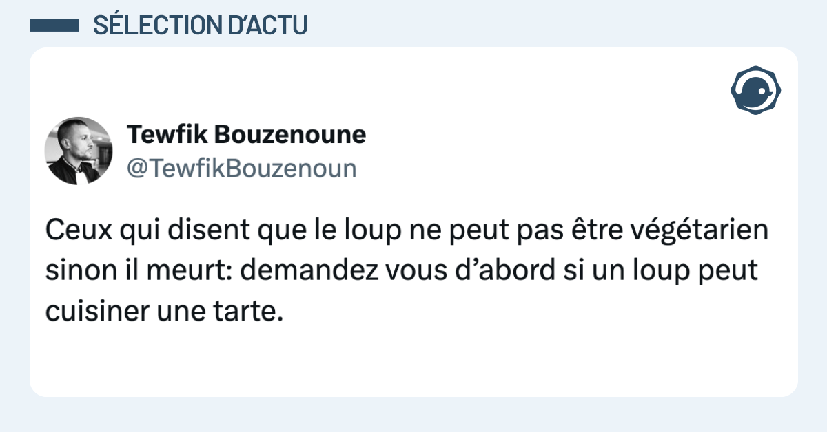 Post vignette de @TewfikBouzenoun disant "Ceux qui disent que le loup ne peut pas &ecirc;tre v&eacute;g&eacute;tarien sinon il meurt: demandez vous d&rsquo;abord si un loup peut cuisiner une tarte."