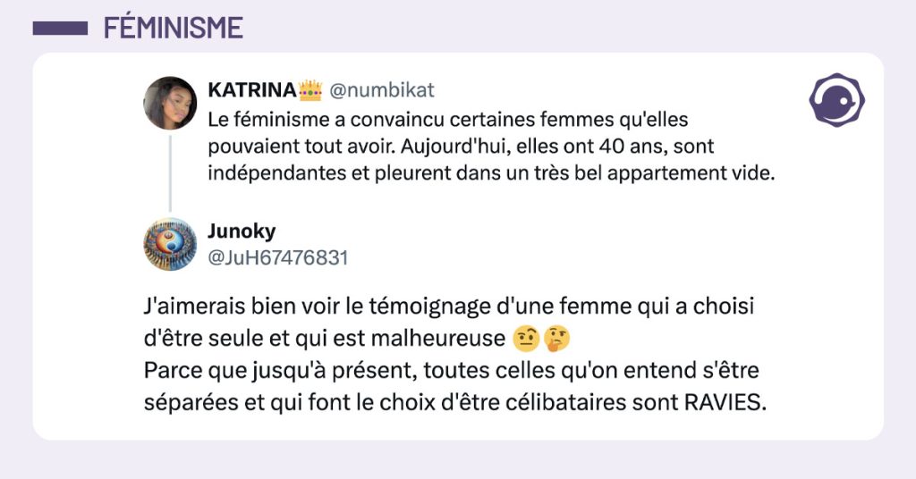 @numbikat dit "Le f&eacute;minisme a convaincu certaines femmes qu'elles pouvaient tout avoir. Aujourd'hui, elles ont 40 ans, sont ind&eacute;pendantes et pleurent dans un tr&egrave;s bel appartement vide." et @JuH67476831 r&eacute;pond "J'aimerais bien voir le t&eacute;moignage d'une femme qui a choisi d'&ecirc;tre seule et qui est malheureuse 🤨🤔 Parce que jusqu'&agrave; pr&eacute;sent, toutes celles qu'on entend s'&ecirc;tre s&eacute;par&eacute;es et qui font le choix d'&ecirc;tre c&eacute;libataires sont RAVIES."