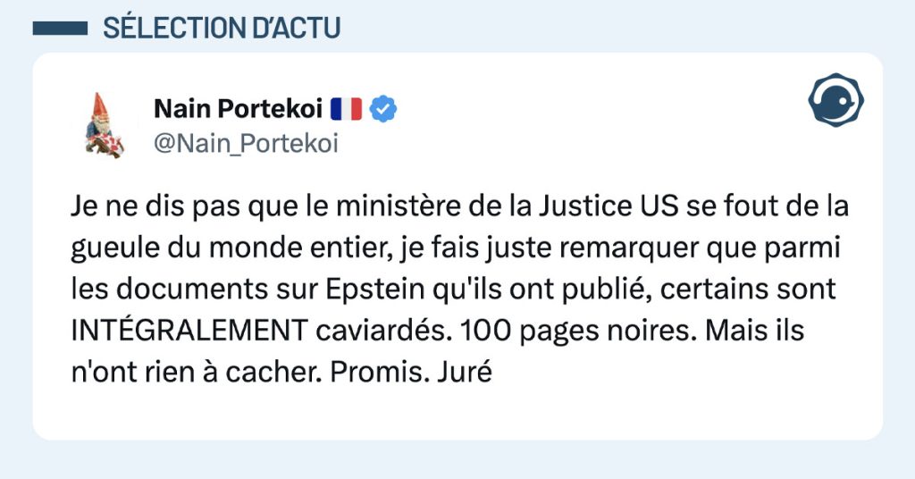Tweet de @Nain_Portekoi : "Je ne dis pas que le minist&egrave;re de la Justice US se fout de la gueule du monde entier, je fais juste remarquer que parmi les documents sur Epstein qu'ils ont publi&eacute;, certains sont INT&Eacute;GRALEMENT caviard&eacute;s. 100 pages noires. Mais ils n'ont rien &agrave; cacher. Promis. Jur&eacute;"