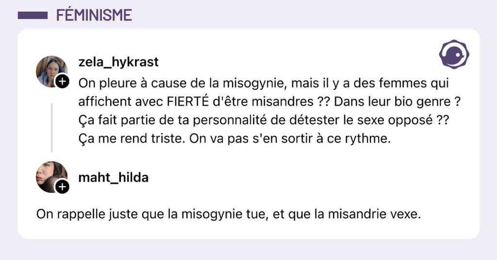@zela_hykrast dit "On pleure à cause de la misogynie, mais il y a des femmes qui affichent avec FIERTÉ d'être misandres ?? Dans leur bio genre ? Ça fait partie de ta personnalité de détester le sexe opposé ?? Ça me rend triste. On va pas s'en sortir à ce rythme." et @maht_hilda lui répond "On rappelle juste que la misogynie tue, et que la misandrie vexe."