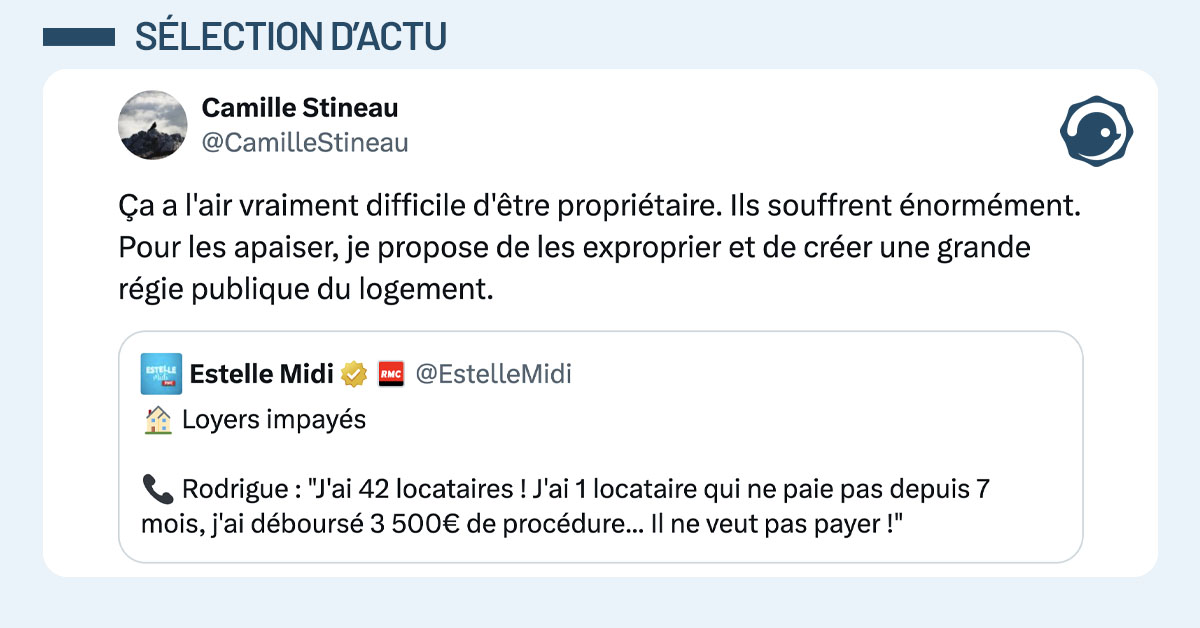 Tweet de @CamilleStineau en réaction à un multipropriétaire qui loue 42 logements et se plaint d'un locataire qui ne le paye pas depuis 7 mois : "Ça a l'air vraiment difficile d'être propriétaire. Ils souffrent énormément. Pour les apaiser, je propose de les exproprier et de créer une grande régie publique du logement."
