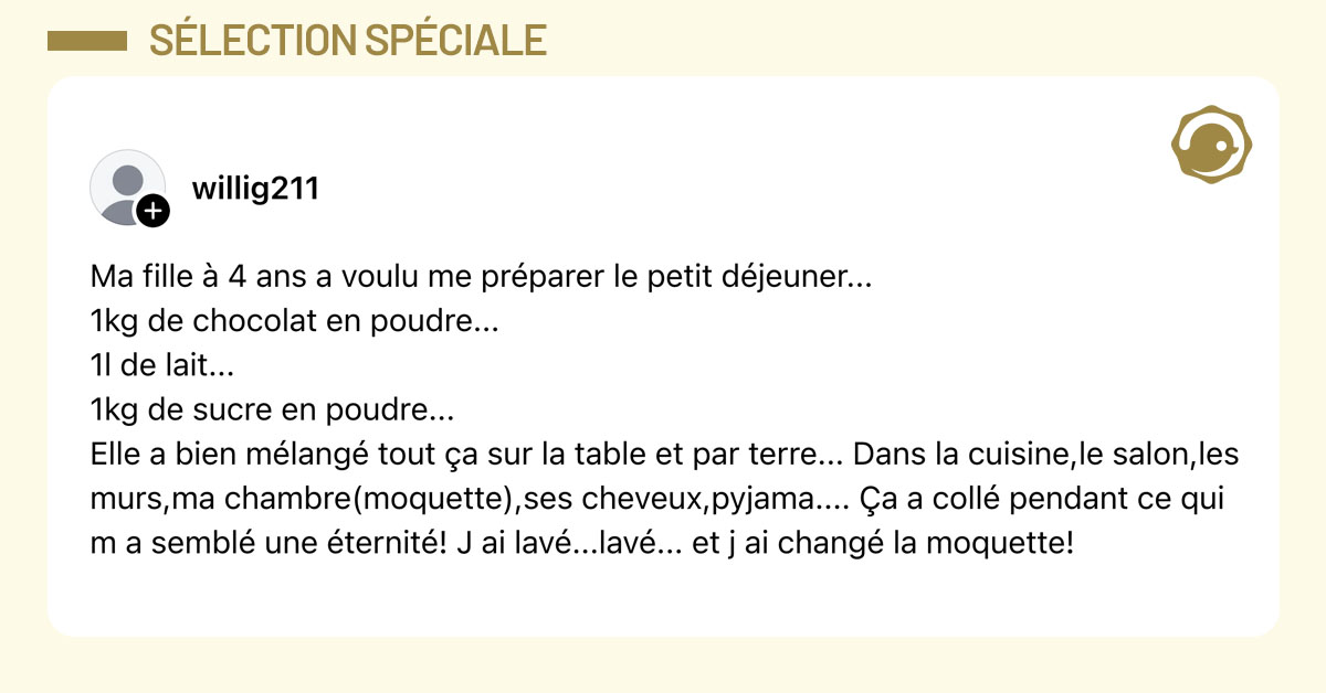 Post de @willig211 : "Ma fille à 4 ans a voulu me préparer le petit déjeuner... 1kg de chocolat en poudre... 1l de lait... 1kg de sucre en poudre... Elle a bien mélangé tout ça sur la table et par terre... Dans la cuisine,le salon,les murs,ma chambre(moquette),ses cheveux,pyjama.... Ça a collé pendant ce qui m a semblé une éternité! J ai lavé...lavé... et j ai changé la moquette!"