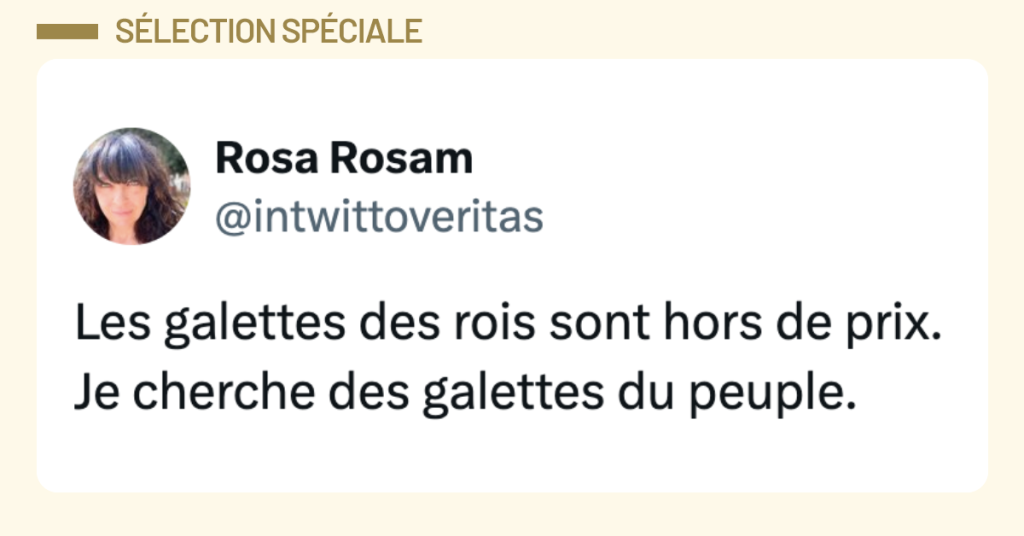 Post vignette de @intwittoveritas disant "Les galettes des rois sont hors de prix. Je cherche des galettes du peuple."