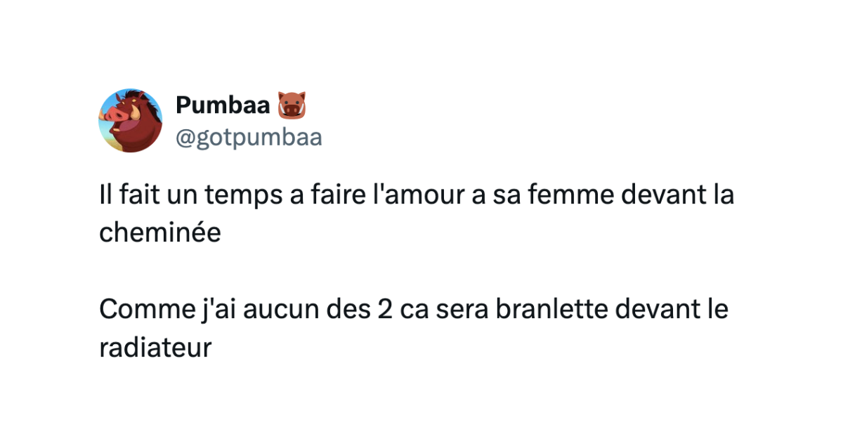 Post de @gotpumbaa disant "Il fait un temps a faire l'amour a sa femme devant la cheminée Comme j'ai aucun des 2 ca sera branlette devant le radiateur"