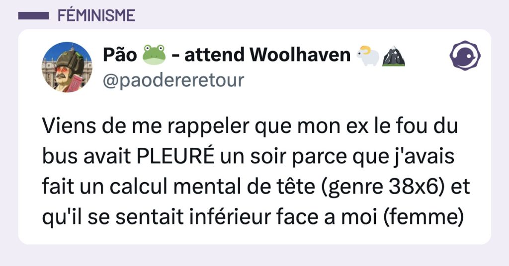 Tweet de @paodereretour : "Viens de me rappeler que mon ex le fou du bus avait PLEUR&Eacute; un soir parce que j'avais fait un calcul mental de t&ecirc;te (genre 38x6) et qu'il se sentait inf&eacute;rieur face a moi (femme)"