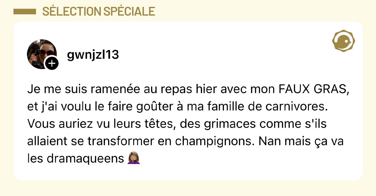 Post de @gwnjzl13 : "Je me suis ramen&eacute;e au repas hier avec mon FAUX GRAS, et j'ai voulu le faire go&ucirc;ter &agrave; ma famille de carnivores. Vous auriez vu leurs t&ecirc;tes, des grimaces comme s'ils allaient se transformer en champignons. Nan mais &ccedil;a va les dramaqueens 🤦🏽&zwj;♀️"