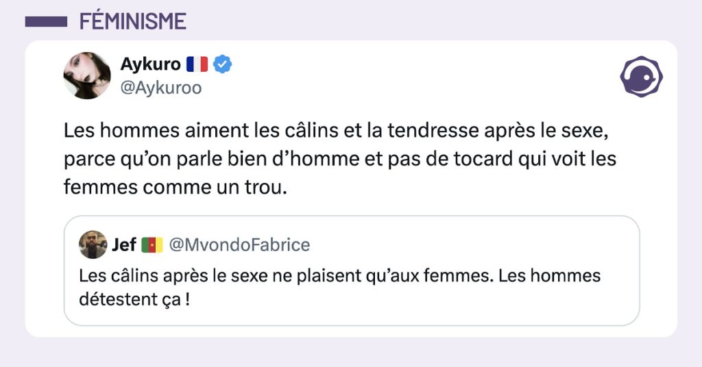 @MvondoFabrice tweete "Les câlins après le sexe ne plaisent qu’aux femmes. Les hommes détestent ça !" et @Aykuroo répond "Les hommes aiment les câlins et la tendresse après le sexe, parce qu’on parle bien d’homme et pas de tocard qui voit les femmes comme un trou."