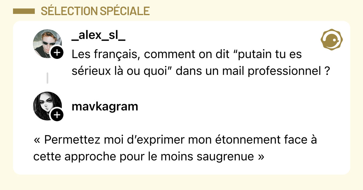 @_alex_sl_ dit "Les fran&ccedil;ais, comment on dit &ldquo;putain tu es s&eacute;rieux l&agrave; ou quoi&rdquo; dans un mail professionnel ?" et @mavkagram r&eacute;pond "&laquo; Permettez moi d&rsquo;exprimer mon &eacute;tonnement face &agrave; cette approche pour le moins saugrenue &raquo;"