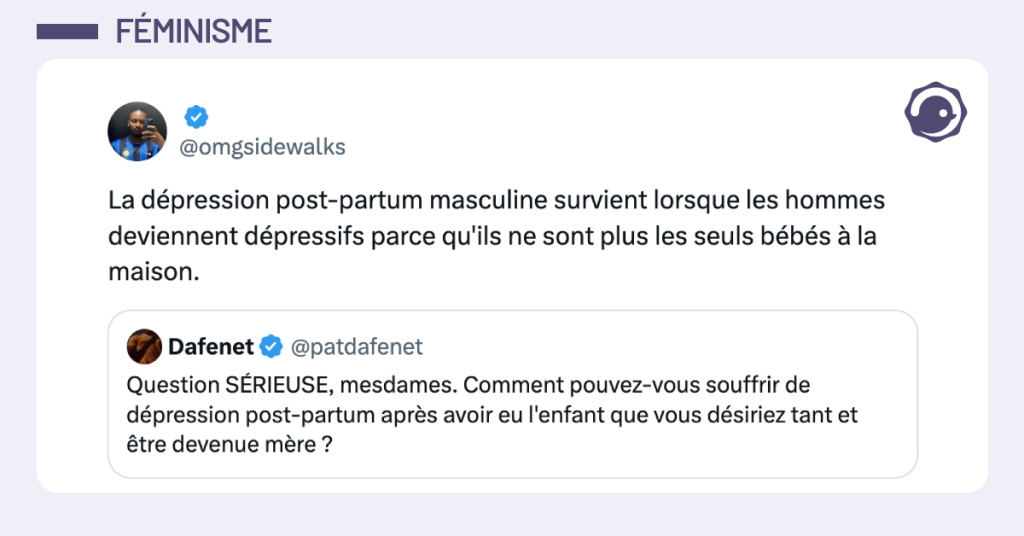 Post vignette de @patdafenet disant "Question SÉRIEUSE, mesdames. Comment pouvez-vous souffrir de dépression post-partum après avoir eu l'enfant que vous désiriez tant et être devenue mère ?". Post de @omgsidewalks répondant "La dépression post-partum masculine survient lorsque les hommes deviennent dépressifs parce qu'ils ne sont plus les seuls bébés à la maison."
