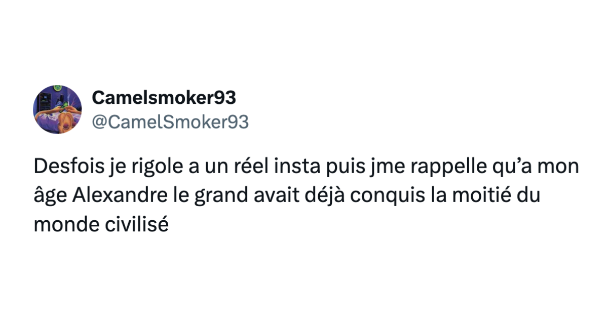 Post de @CamelSmoker93 disant "Desfois je rigole a un r&eacute;el insta puis jme rappelle qu&rsquo;a mon &acirc;ge Alexandre le grand avait d&eacute;j&agrave; conquis la moiti&eacute; du monde civilis&eacute;"
