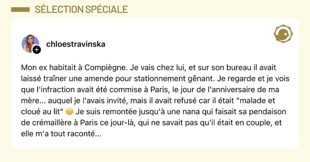 Post de @chloestravinska : "Mon ex habitait &agrave; Compi&egrave;gne. Je vais chez lui, et sur son bureau il avait laiss&eacute; tra&icirc;ner une amende pour stationnement g&ecirc;nant. Je regarde et je vois que l'infraction avait &eacute;t&eacute; commise &agrave; Paris, le jour de l'anniversaire de ma m&egrave;re... auquel je l'avais invit&eacute;, mais il avait refus&eacute; car il &eacute;tait "malade et clou&eacute; au lit" 🙃 Je suis remont&eacute;e jusqu'&agrave; une nana qui faisait sa pendaison de cr&eacute;maill&egrave;re &agrave; Paris ce jour-l&agrave;, qui ne savait pas qu'il &eacute;tait en couple, et elle m'a tout racont&eacute;..."