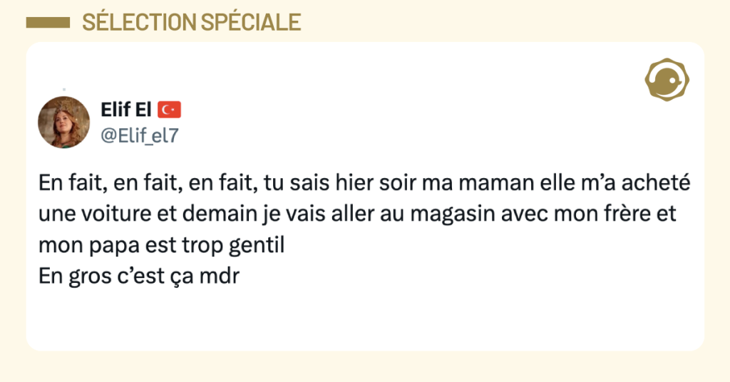 Post vignette de @Elif_el7 disant "En fait, en fait, en fait, tu sais hier soir ma maman elle m’a acheté une voiture et demain je vais aller au magasin avec mon frère et mon papa est trop gentil En gros c’est ça mdr"