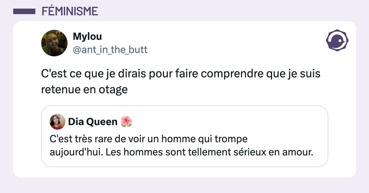 @ant_in_the_butt C'est ce que je dirais pour faire comprendre que je suis retenue en otage Citation Dia Queen 🌺 C'est tr&egrave;s rare de voir un homme qui trompe aujourd'hui. Les hommes sont tellement s&eacute;rieux en amour.