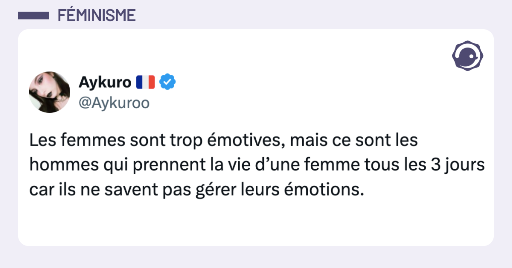 Post vignette de @Aykuroo disant. "Les femmes sont trop &eacute;motives, mais ce sont les hommes qui prennent la vie d&rsquo;une femme tous les 3 jours car ils ne savent pas g&eacute;rer leurs &eacute;motions."
