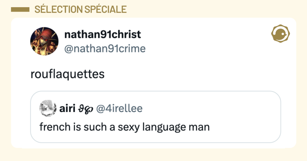 Post vignette de @4irellee disant "french is such a sexy language man". Post de @nathan91crime r&eacute;pondat "rouflaquettes"