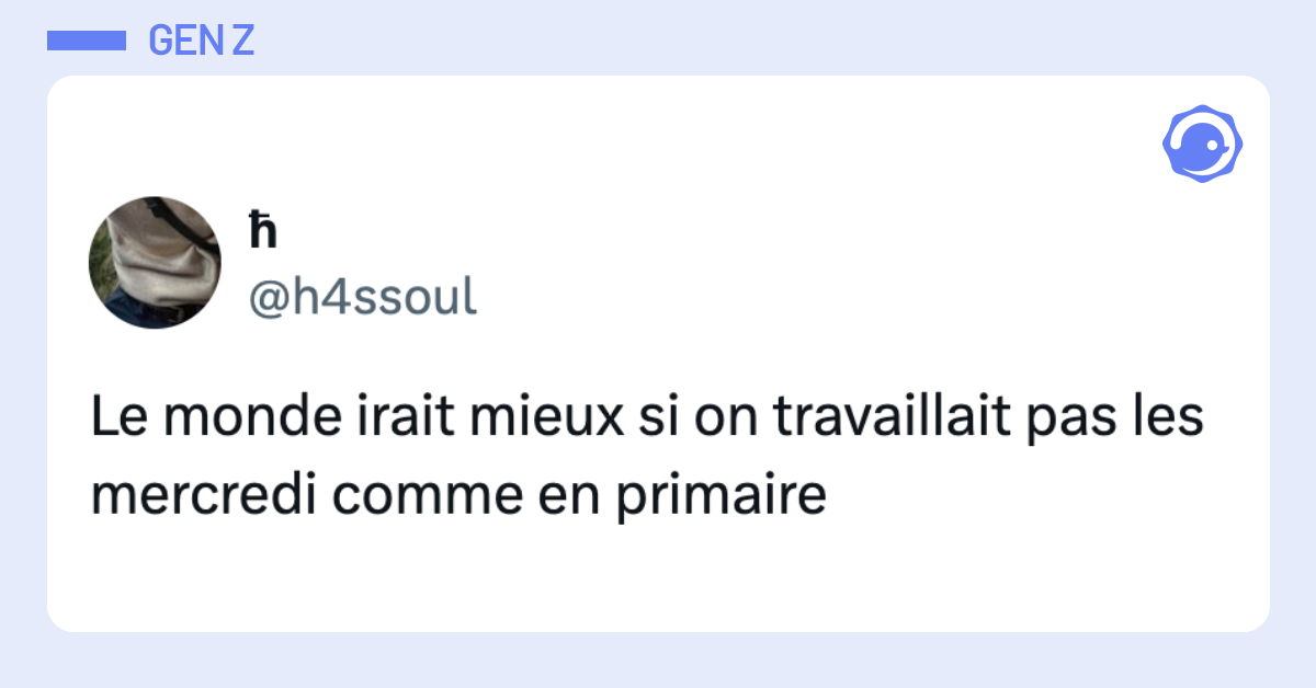 Post vignette de @h4ssoul disant "Le monde irait mieux si on travaillait pas les mercredi comme en primaire"