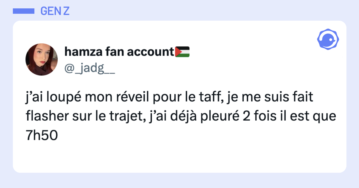 Post vignette de @_jadg__ disant "j&rsquo;ai loup&eacute; mon r&eacute;veil pour le taff, je me suis fait flasher sur le trajet, j&rsquo;ai d&eacute;j&agrave; pleur&eacute; 2 fois il est que 7h50"