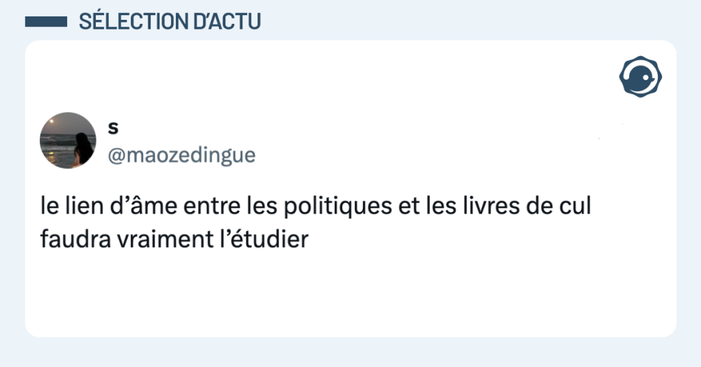 Post vignette de @maozedingue disant "le lien d&rsquo;&acirc;me entre les politiques et les livres de cul faudra vraiment l&rsquo;&eacute;tudier"