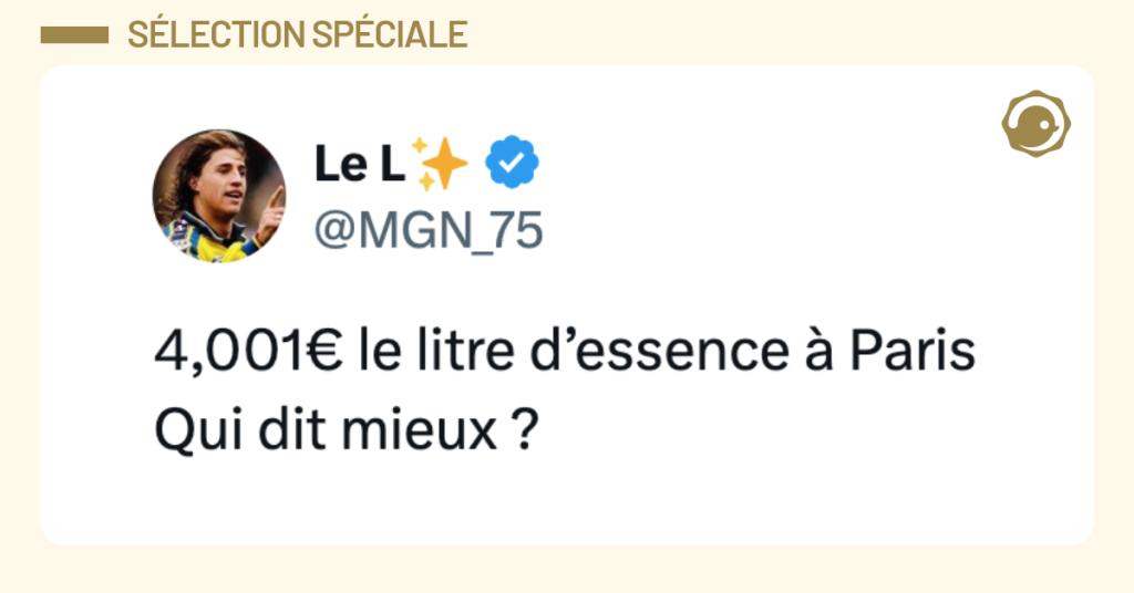 Post vignette de @MGN_75 disant "4,001€ le litre d’essence à Paris Qui dit mieux ?"