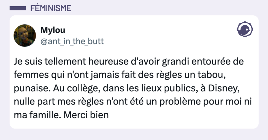 Post vignette de @ant_in_the_butt disant "Je suis tellement heureuse d'avoir grandi entourée de femmes qui n'ont jamais fait des règles un tabou, punaise. Au collège, dans les lieux publics, à Disney, nulle part mes règles n'ont été un problème pour moi ni ma famille. Merci bien"